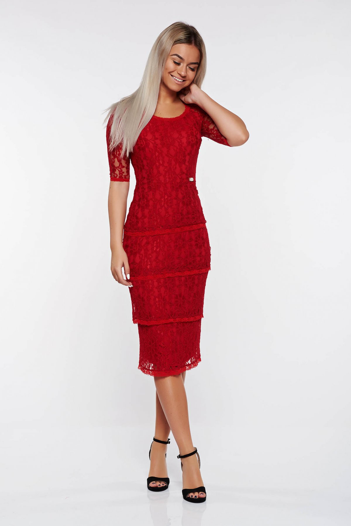 Rochie PrettyGirl rosie eleganta tip creion din dantela captusita pe interior Rochie PrettyGirl rosie eleganta tip creion din dantela captusita pe interior